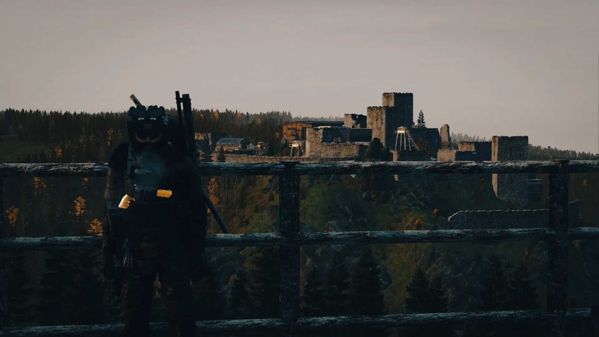 Hacksaw survivor overlooking a fortified stronghold