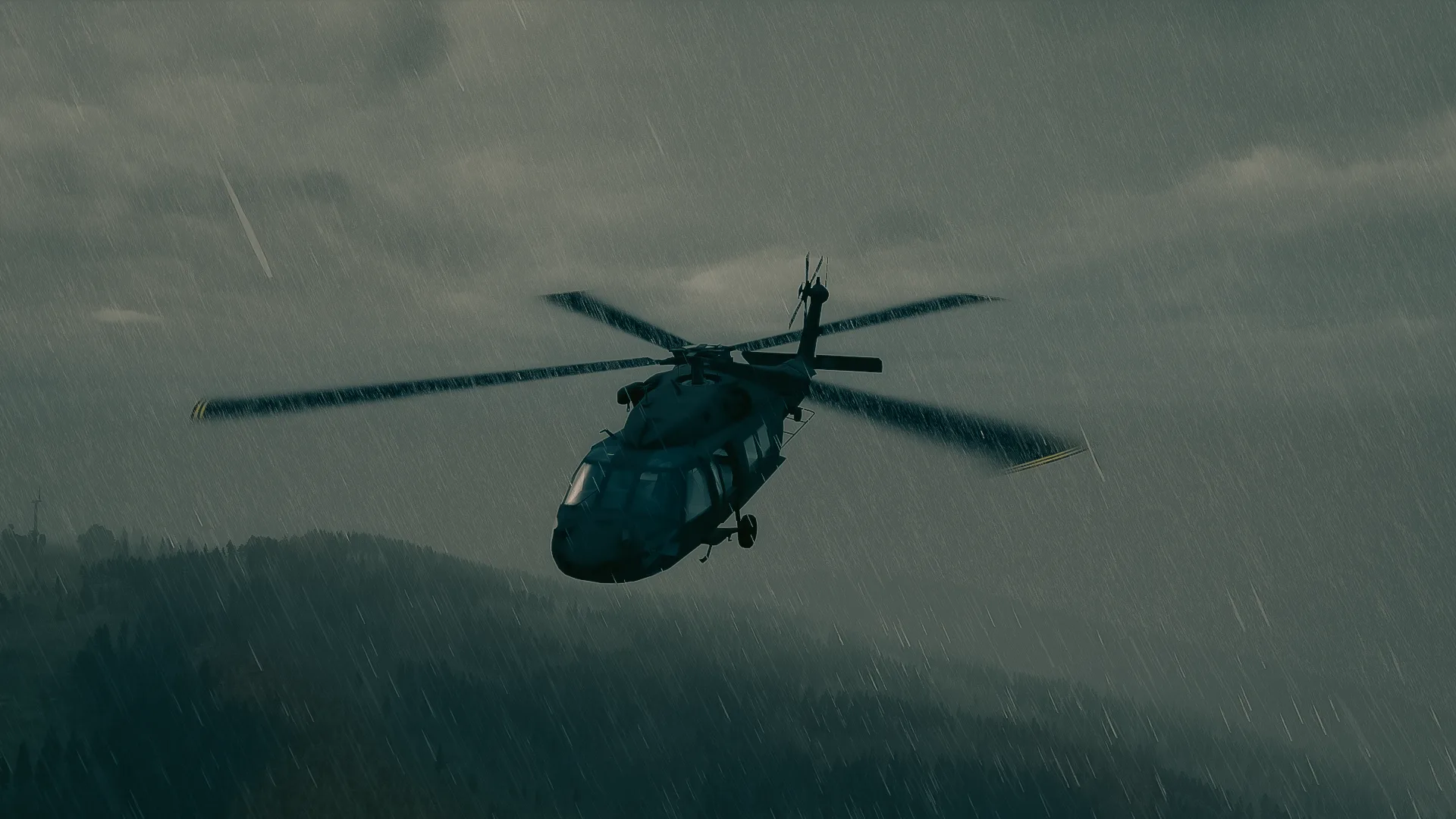 Helicopter flying through heavy rain