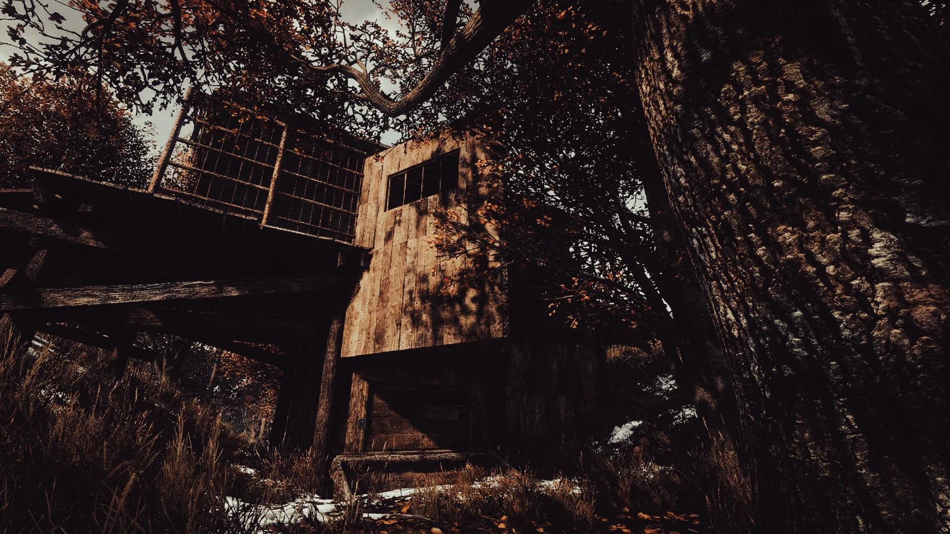 A fortified Chernarus base beneath autumn trees