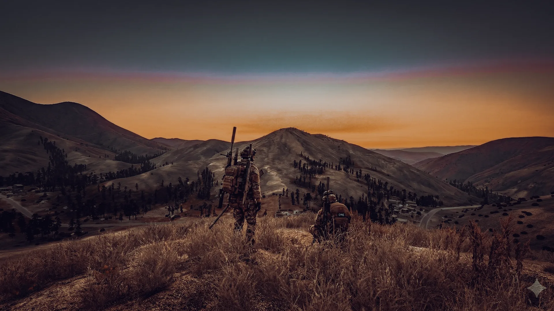 Armed figures crossing the Takistan mountains at dusk