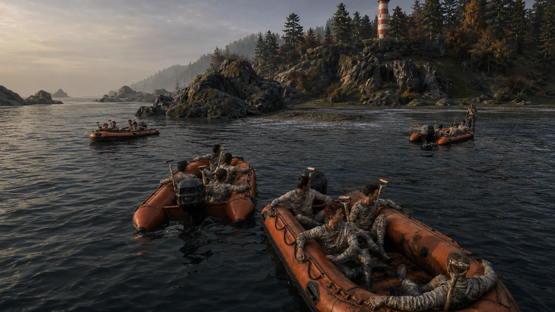 Hacksaw players crossing the water in inflatable boats
